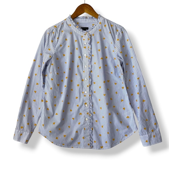Talbots Tops - Talbots Button Up Blouse S Blue White Striped Gold Heart 100% Cotton Ruffle